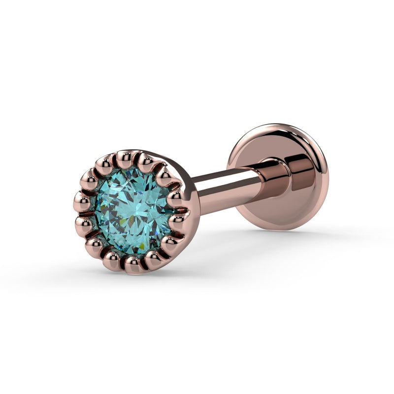 14k rose gold 2mm aqua diamond perlage flat back labret stud with milgrain bezel, angled view