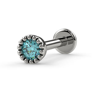 14k white gold 2mm aqua diamond perlage flat back labret stud with milgrain bezel, angled view