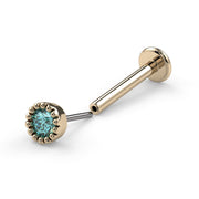 14k yellow gold aqua diamond perlage flat back stud showing threadless push-pin assembly separated