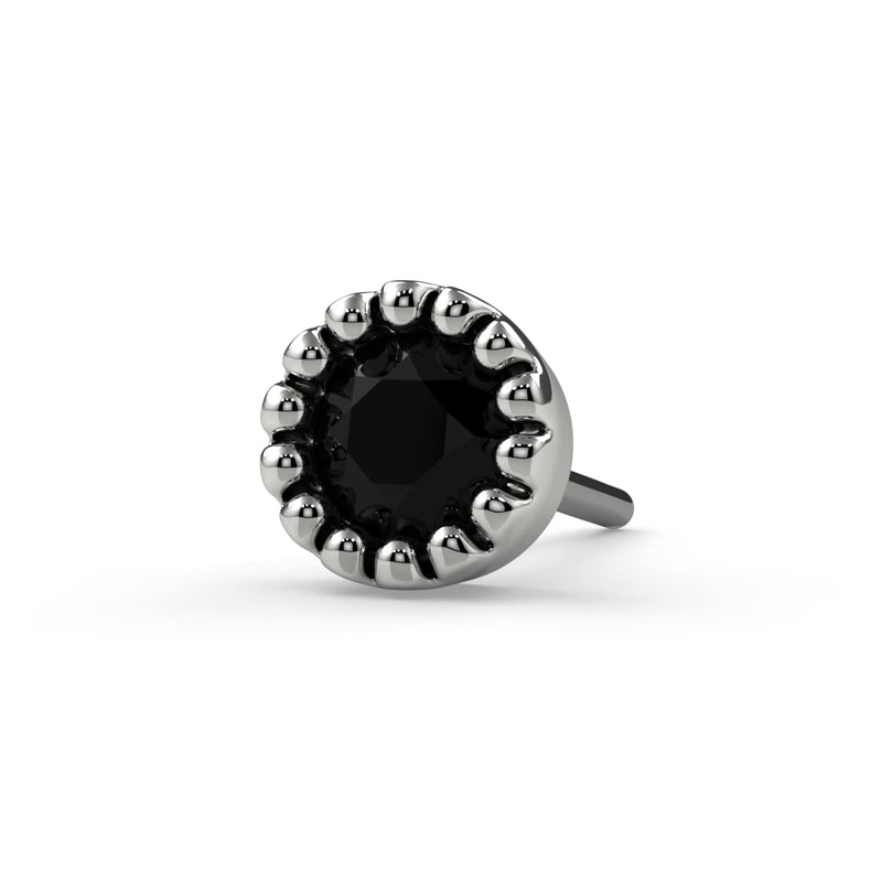 14k white gold 2mm black diamond perlage end-only top, front view highlighting beaded milgrain setting