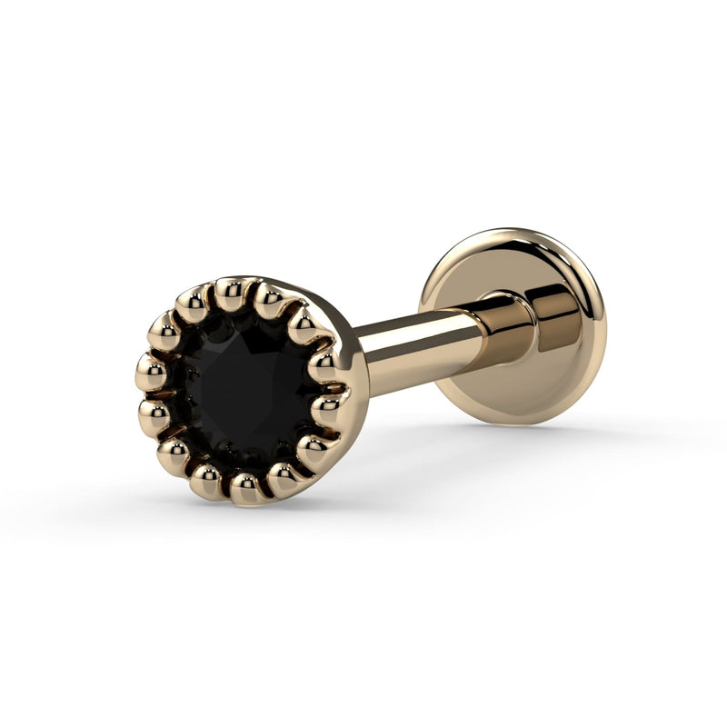 14k yellow gold 2mm black diamond flat back labret with perlage milgrain bezel, angled side view