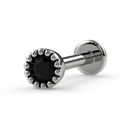 14k white gold 2mm black diamond flat back labret with perlage milgrain bezel, angled side view