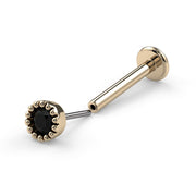 14k yellow gold black diamond perlage flat back stud separated, showing threadless push-pin mechanism