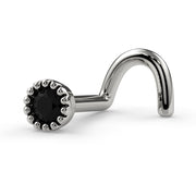 14k white gold 2mm black diamond nose ring twist style, full side profile showing screw shape
