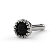 14k white gold 2mm black diamond nose bone, angled view showing ball tip and perlage bezel setting