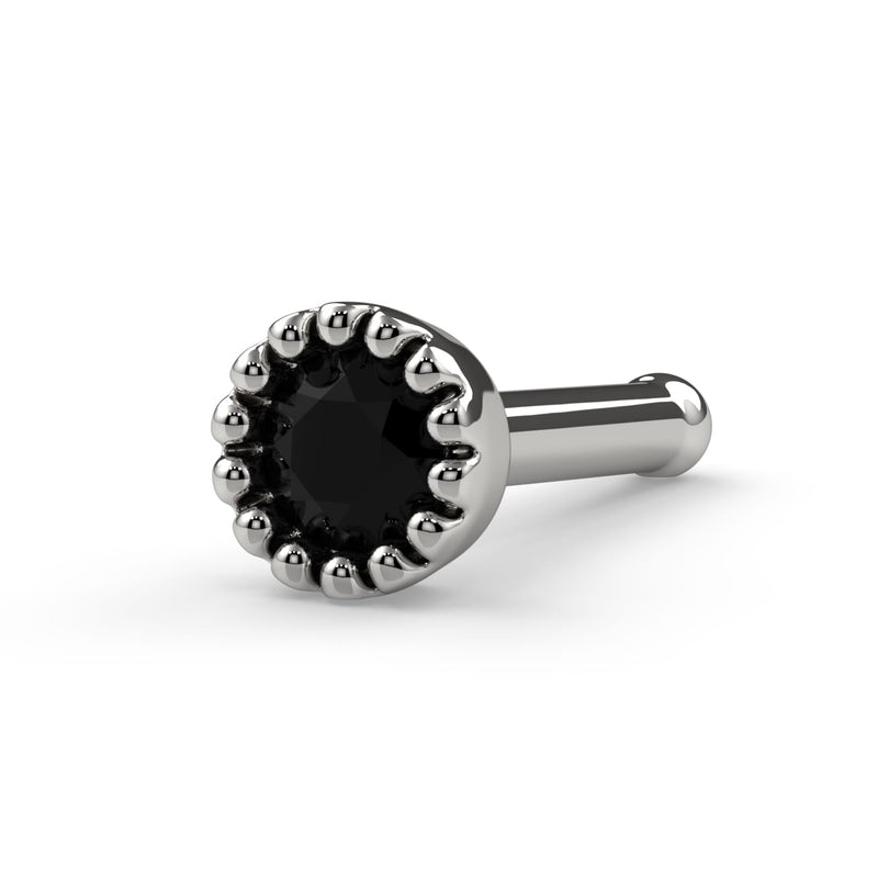 14k white gold 2mm black diamond nose bone, angled view showing ball tip and perlage bezel setting