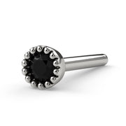 14k white gold black diamond perlage nose bone, side profile highlighting milgrain bezel detail