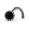 14k white gold black diamond nose ring twist style with milgrain bezel setting, angled front view