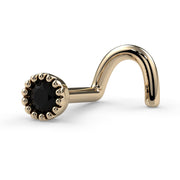 14k yellow gold black diamond perlage nose ring twist style, angled side view showing full shape
