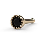 14k yellow gold 2mm black diamond nose bone style, angled view showing ball tip and setting