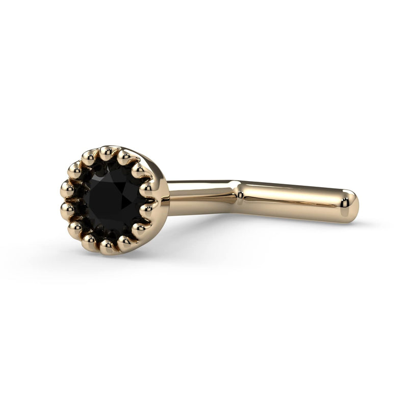 14k yellow gold black diamond nose ring L-post style, side view showing angled post tip