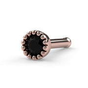 14k rose gold 2mm black diamond nose bone, angled view showing ball tip and perlage bezel
