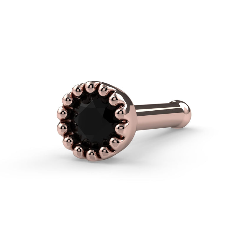 14k rose gold 2mm black diamond nose bone, angled view showing ball tip and perlage bezel