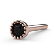 14k rose gold black diamond perlage nose bone, side profile highlighting milgrain bezel detail