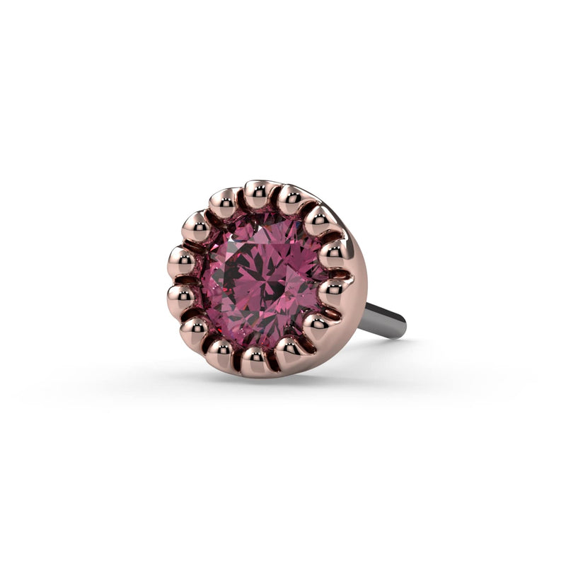 Close-up front view of 2mm pink diamond end in 14k rose gold perlage bezel, threadless push-pin