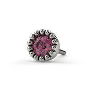 Close-up front view of 2mm pink diamond end in 14k white gold perlage bezel, threadless push-pin