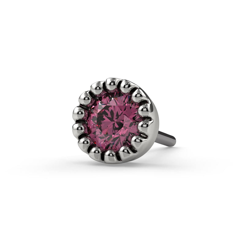 Close-up front view of 2mm pink diamond end in 14k white gold perlage bezel, threadless push-pin