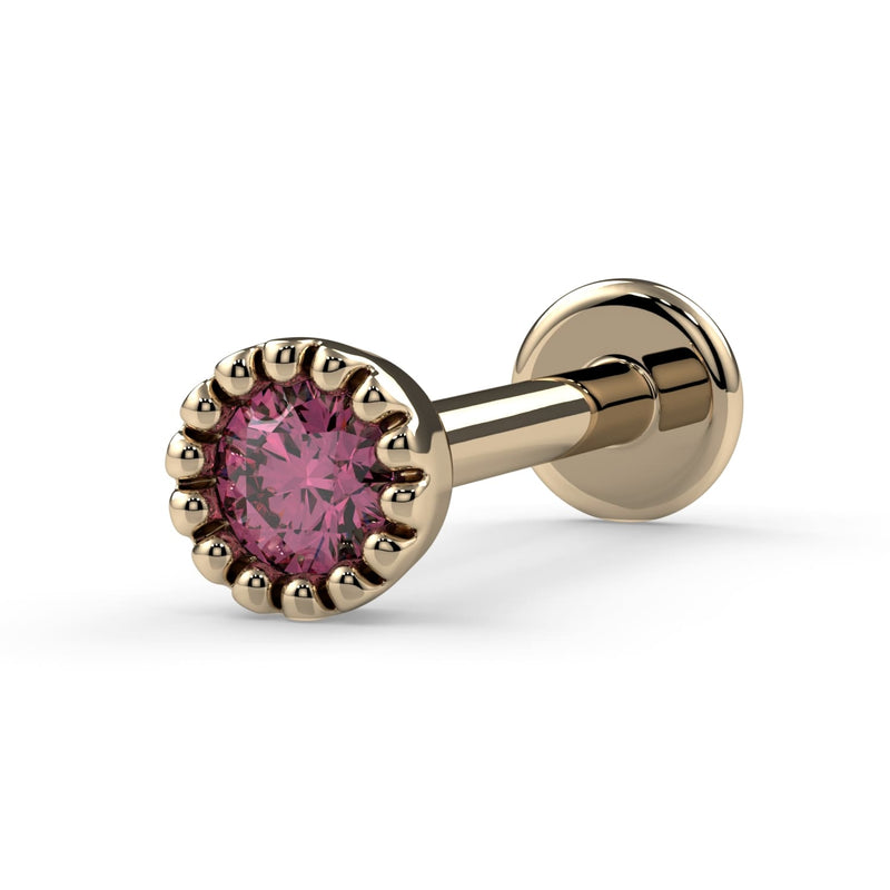 14k yellow gold 2mm pink diamond flatback labret with perlage milgrain bezel, angled side view