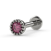 14k white gold 2mm pink diamond flatback labret with perlage milgrain bezel, angled side view