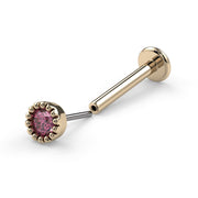 14k yellow gold pink diamond threadless pushpin labret shown disassembled, revealing pin connection