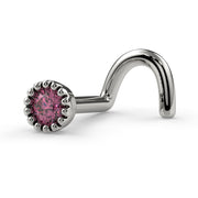 Side profile of 2mm pink diamond nose ring in white gold showing twist post style and milgrain bezel