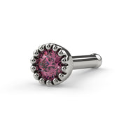Platinum 2mm pink diamond nose bone stud with perlage milgrain bezel, angled view showing ball end