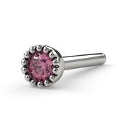 Platinum pink diamond straight post nose stud with milgrain bezel, side angle view of post length