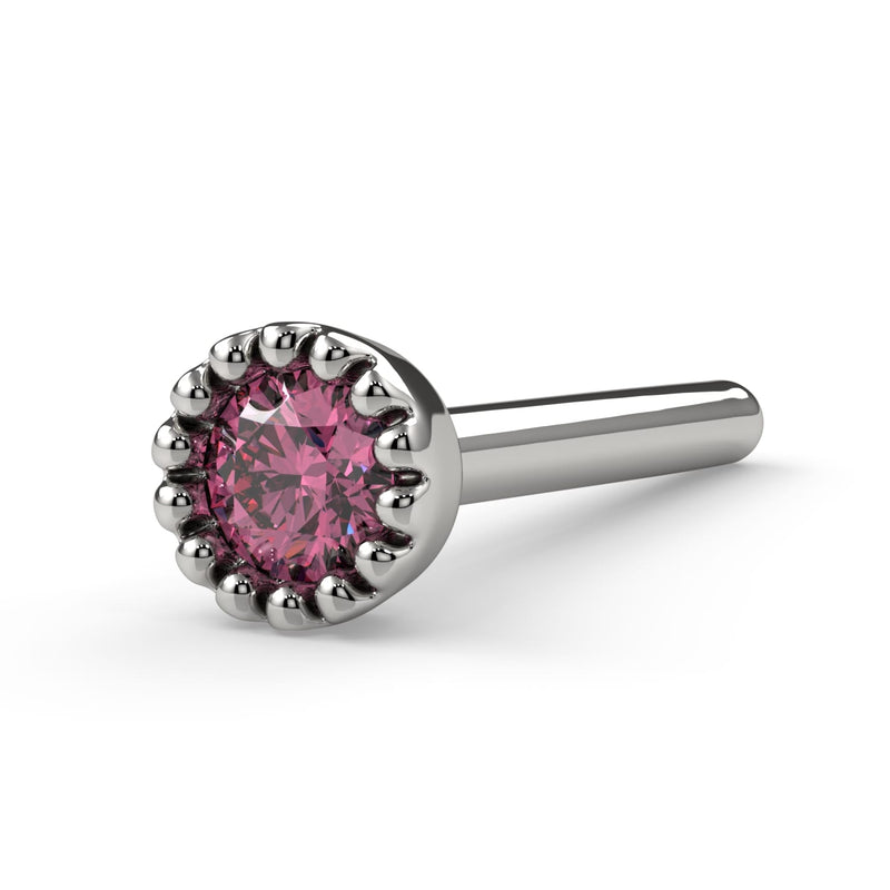 Platinum pink diamond straight post nose stud with milgrain bezel, side angle view of post length