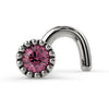 2mm pink diamond nose ring in 14k white gold with milgrain bezel setting, twist style, front view
