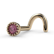 2mm pink diamond nose ring in 14k yellow gold, side profile showing twist post style