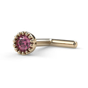 14k yellow gold 2mm pink diamond L-post nose stud with milgrain bezel, side angle view