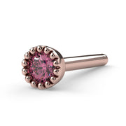 14k rose gold 2mm pink diamond straight post nose stud, side angle showing post and perlage setting
