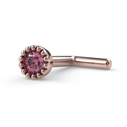14k rose gold pink diamond L-post nose stud with milgrain bezel setting, side profile view