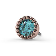 Close-up front view of 14k rose gold aqua diamond perlage labret end showing milgrain bezel detail