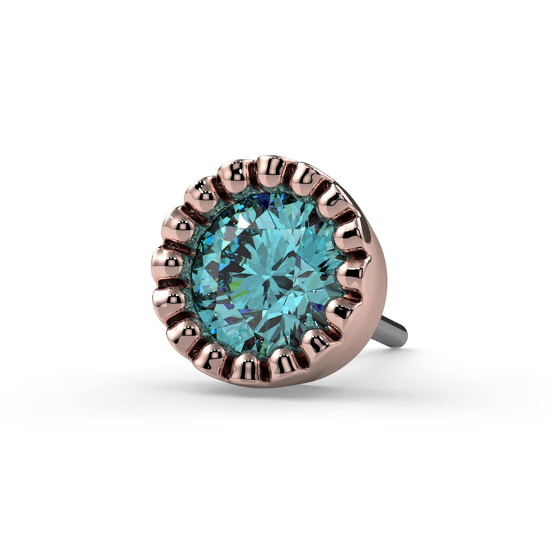 Close-up front view of 14k rose gold aqua diamond perlage labret end showing milgrain bezel detail