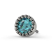 Front view of 14k white gold aqua diamond perlage labret end with milgrain bezel and push-pin post