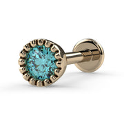 14k yellow gold aqua diamond flat back labret stud with milgrain perlage bezel, angled view