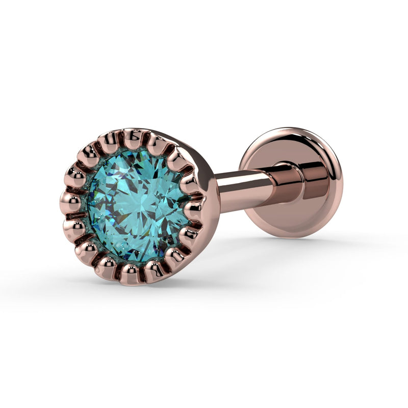 14k rose gold aqua diamond perlage flat back labret stud with vintage milgrain bezel, angled view