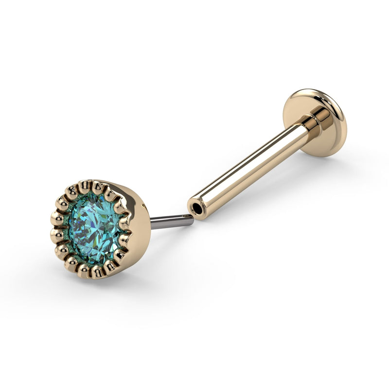 14k yellow gold aqua diamond flat back labret showing threadless push-pin post and flat disc backing