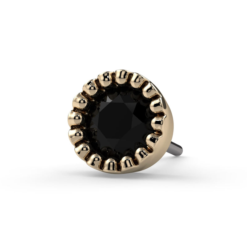 14k yellow gold 2.5mm black diamond perlage push-pin end only, straight-on view of beaded bezel detail