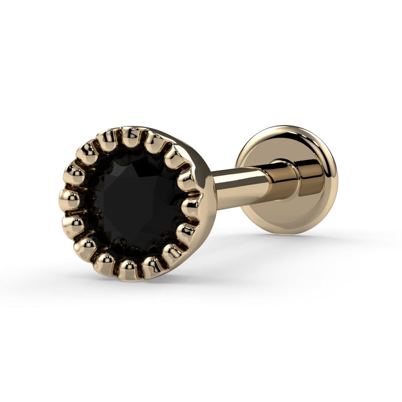 14k yellow gold black diamond perlage flat back labret stud showing milgrain bezel and disc backing