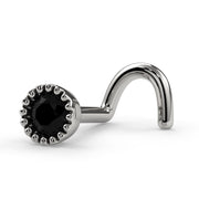 14k white gold black diamond perlage nose stud twist style, side profile showing screw post length