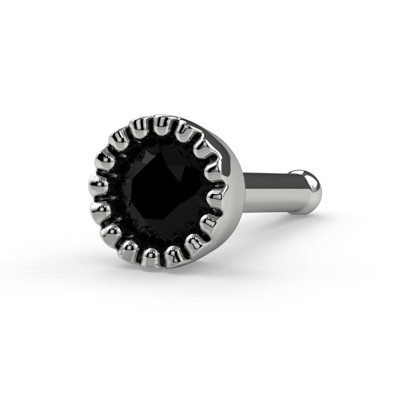 14k white gold black diamond perlage nose bone stud, angled view showing rounded bone post tip