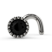 14k white gold black diamond nose ring twist style with milgrain perlage bezel setting, front view