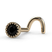 14k yellow gold black diamond perlage nose ring twist style, angled side view showing screw post