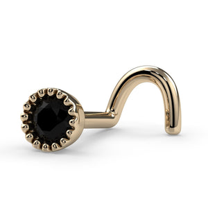 14k yellow gold black diamond perlage nose ring twist style, angled side view showing screw post