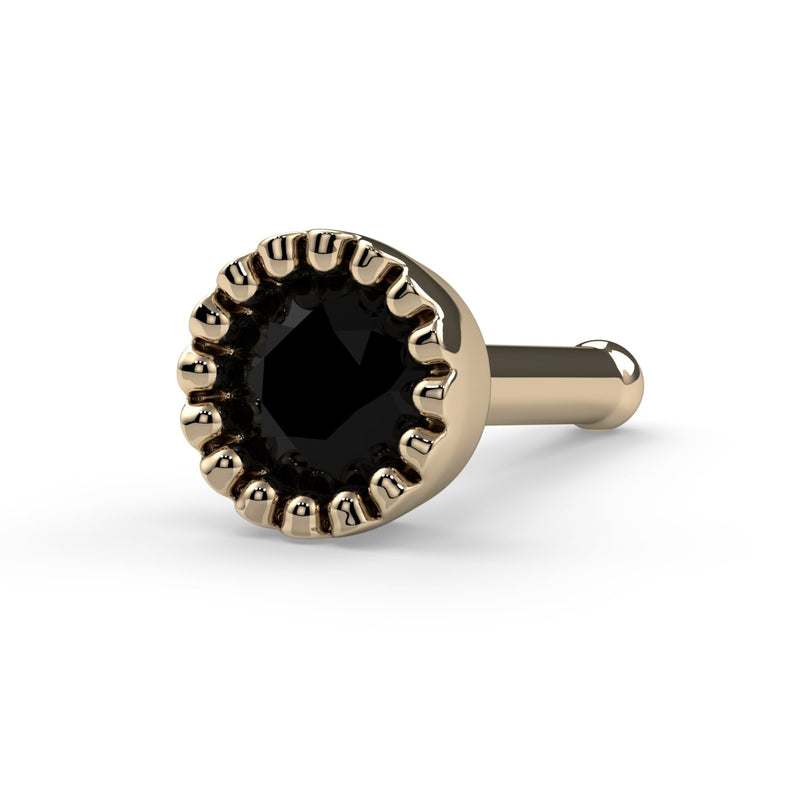 14k yellow gold black diamond perlage nose bone stud, angled view showing rounded bone post
