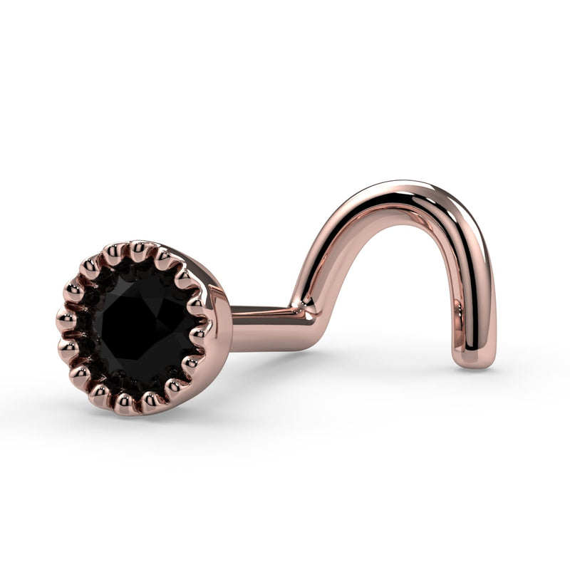 14k rose gold black diamond perlage nose ring twist style, side profile showing screw post