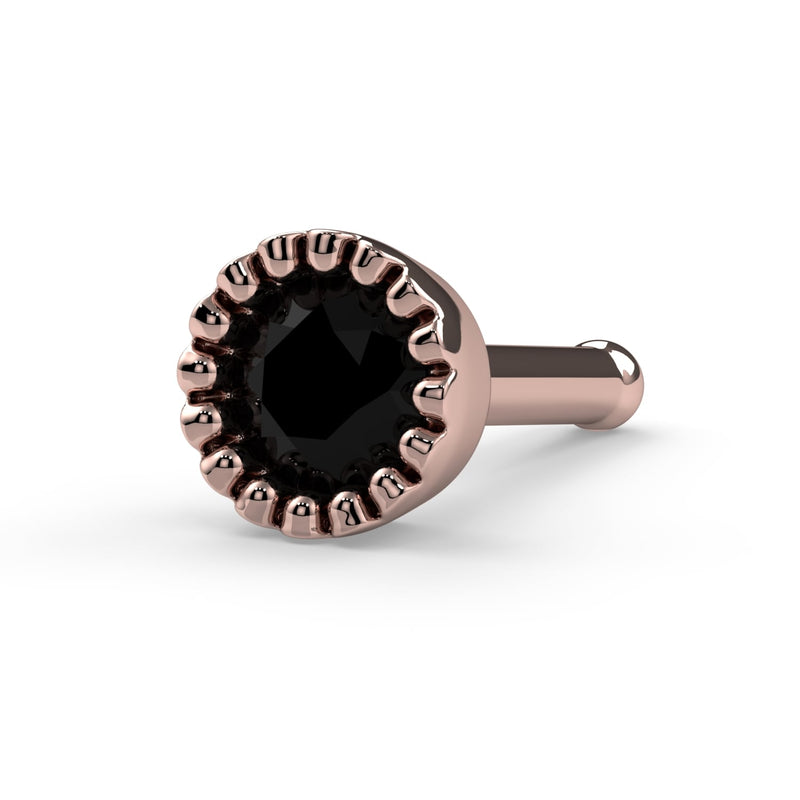 14k rose gold black diamond perlage nose bone stud, angled view showing rounded bone post