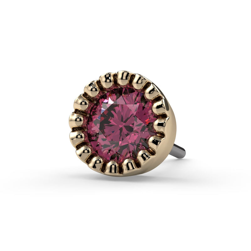 14k yellow gold 2.5mm pink diamond perlage threadless end only, front view of beaded milgrain halo setting